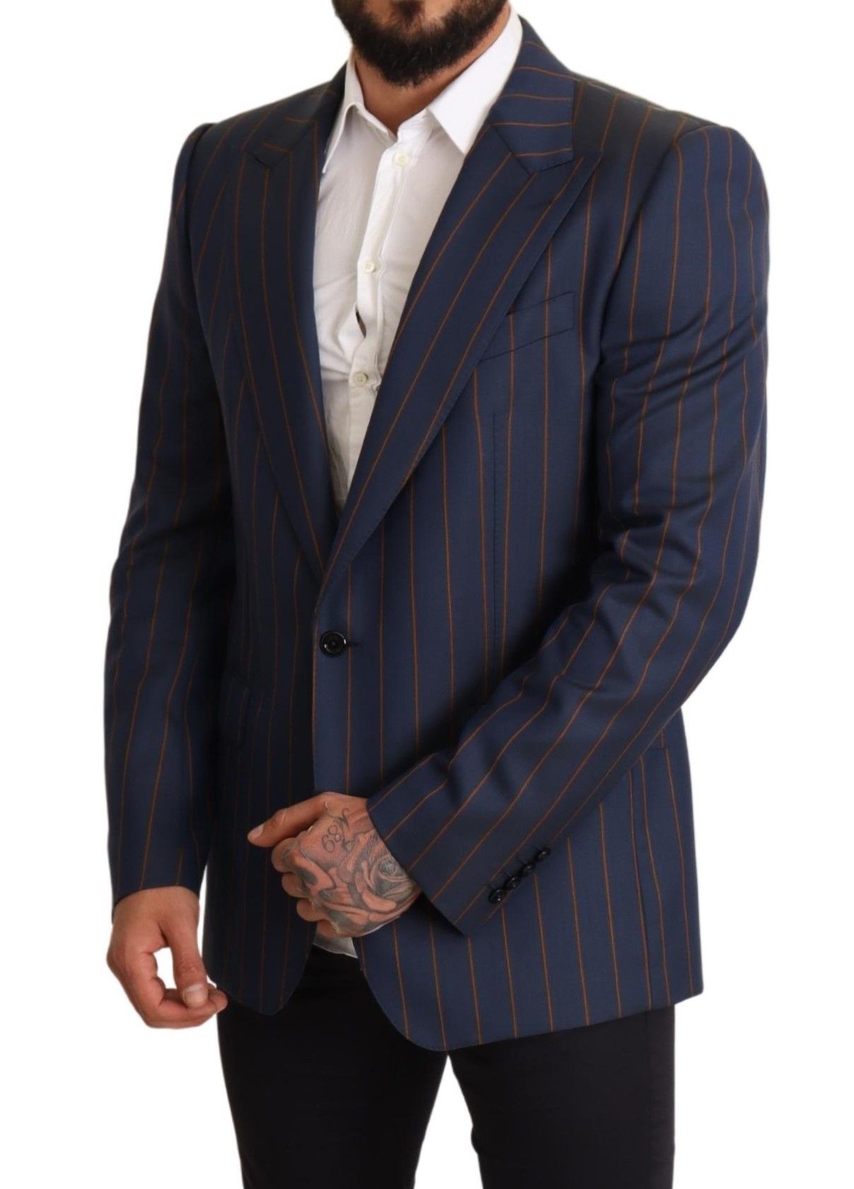 Dolce & Gabbana Blue Striped Wool Slim Fit Blazer Jacket