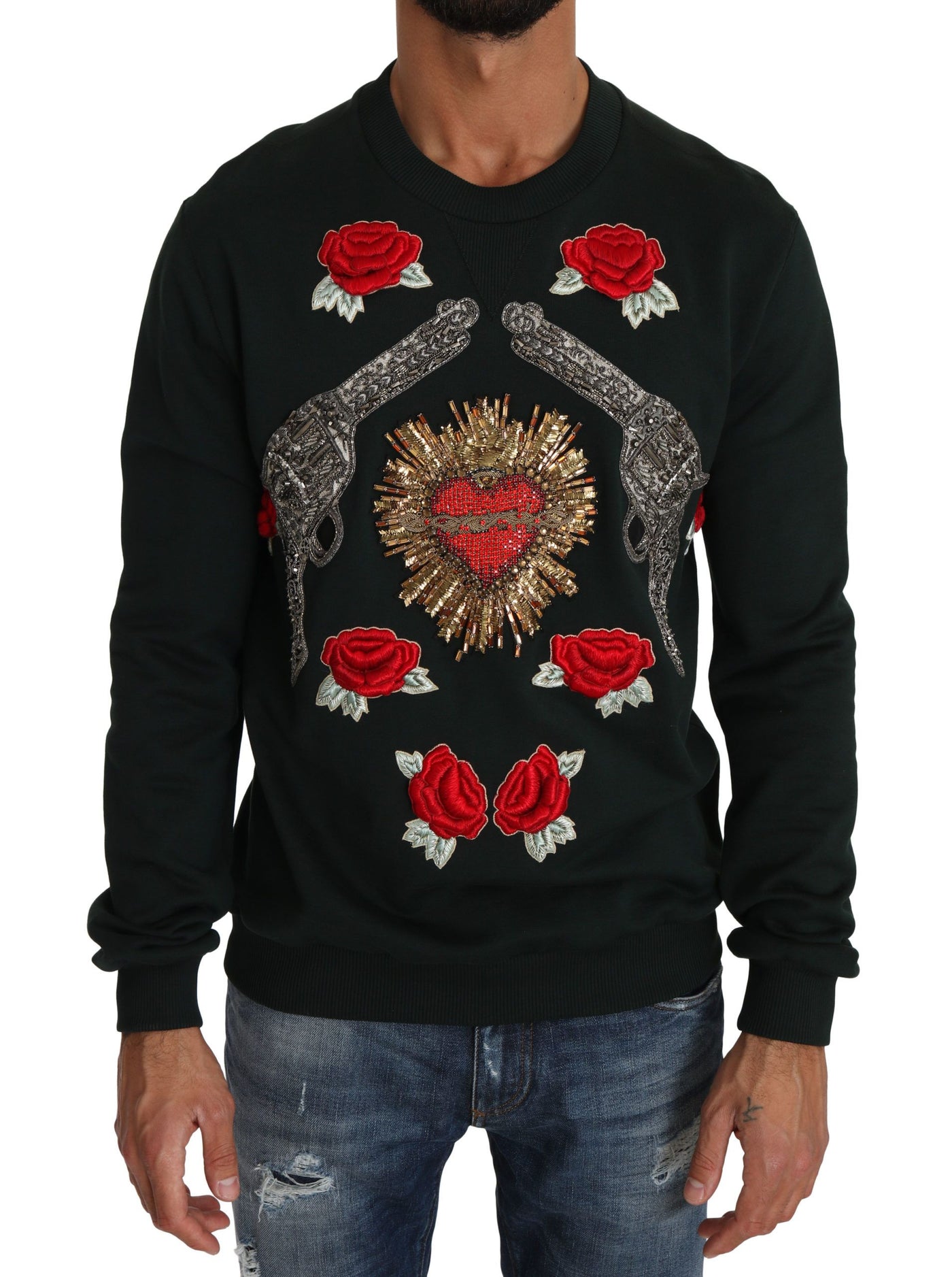 Dolce & Gabbana Green Crystal Heart Roses Gun Sweater