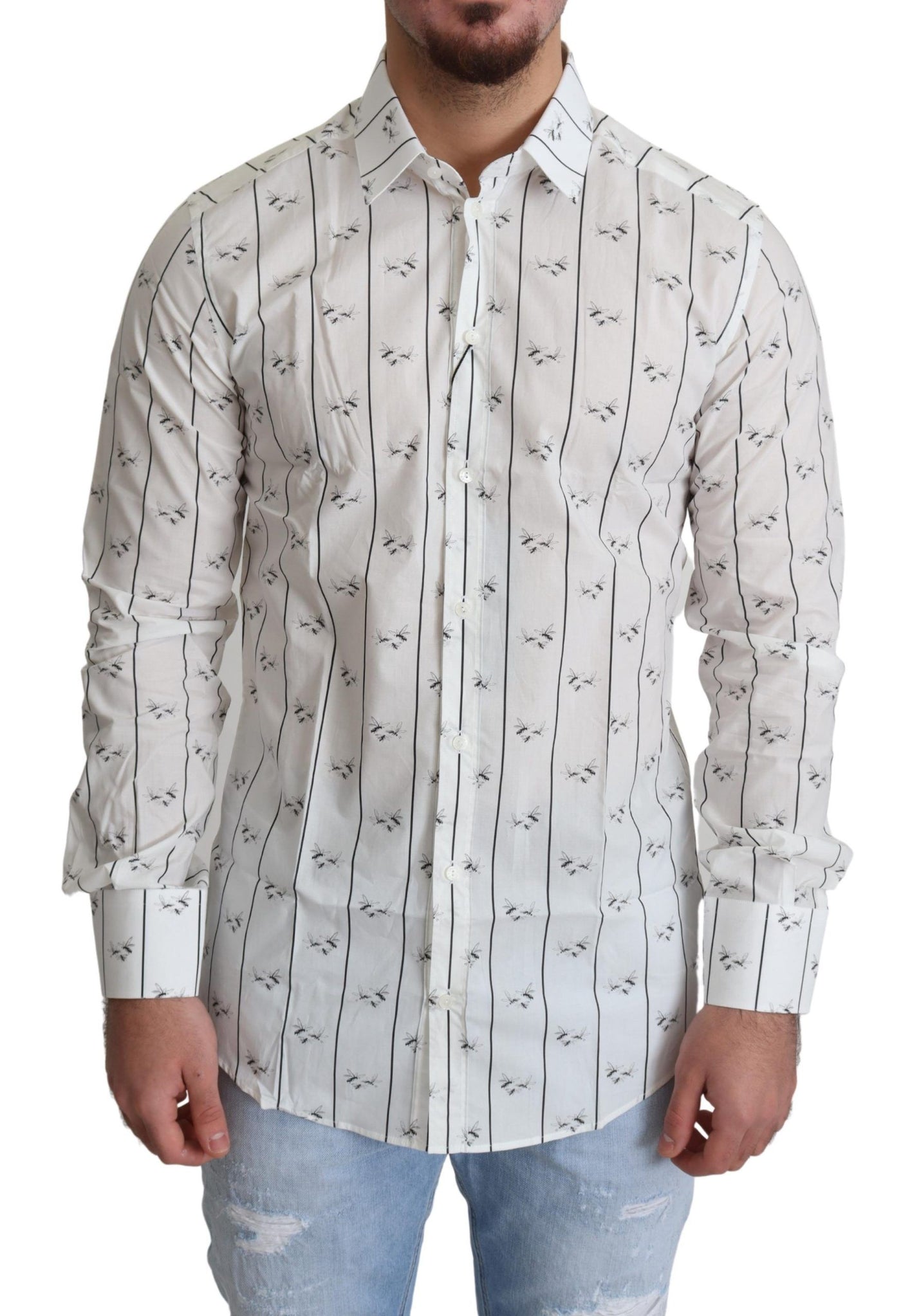 Dolce & Gabbana White Bee Print Cotton Button Down Shirt