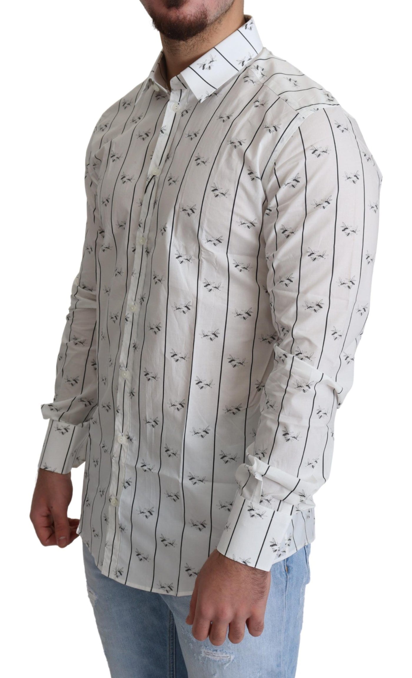 Dolce & Gabbana White Bee Print Cotton Button Down Shirt