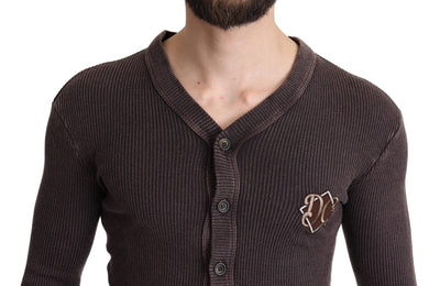 Dolce & Gabbana Brown Logo Patch Wool Knit Cardigan Sweater