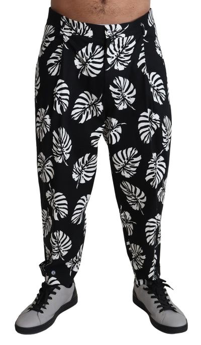 Dolce & Gabbana Black Leaf Cotton Stretch Trouser Pants Pants