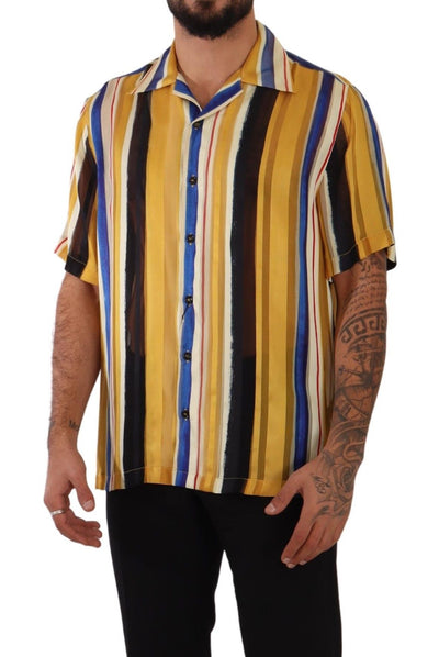 Dolce & Gabbana Yellow Striped Short Sleeve Silk Shirt