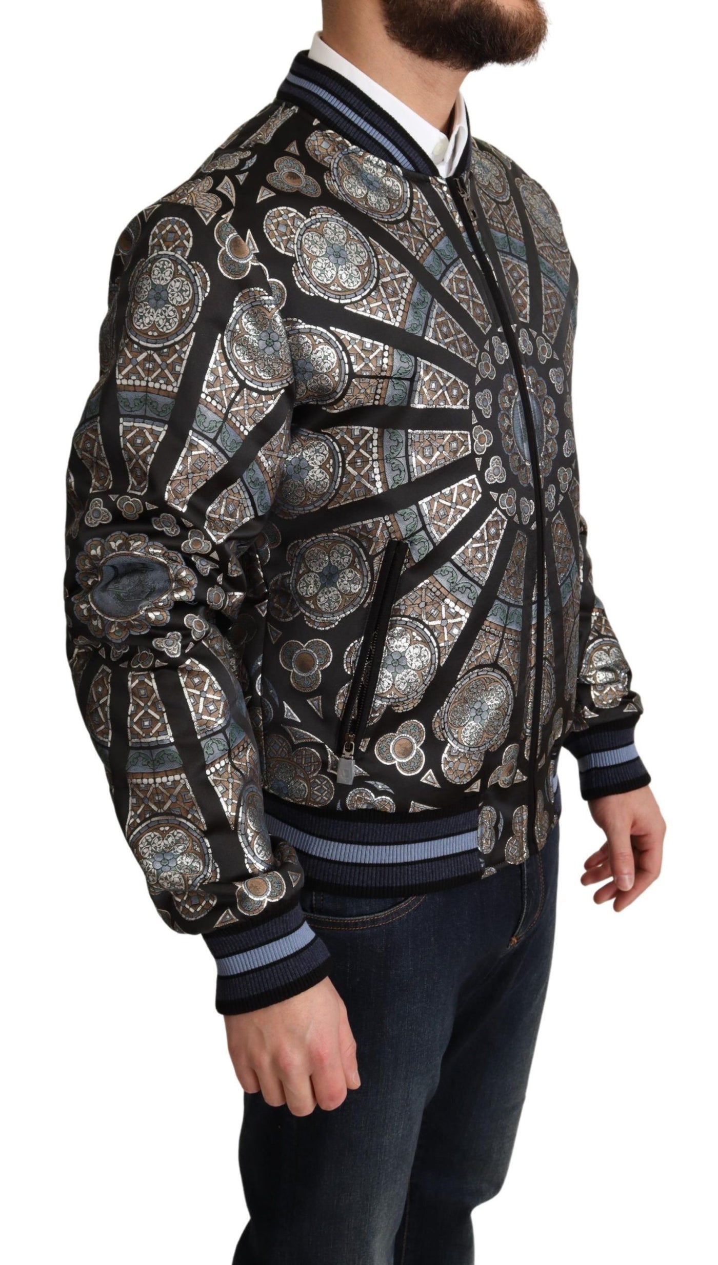 Dolce & Gabbana Blue Jacquard Motive Bomber Coat Mens Jacket