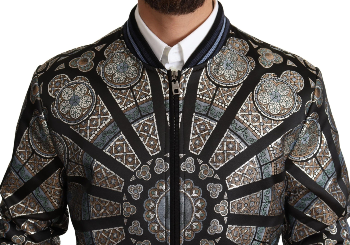 Dolce & Gabbana Blue Jacquard Motive Bomber Coat Mens Jacket