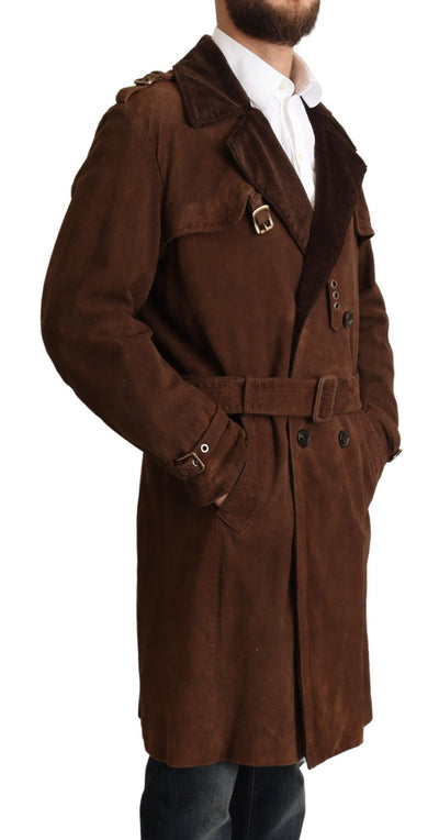 Dolce & Gabbana Brown Leather Long Trench Coat Men Jacket