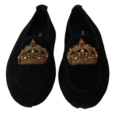 Dolce & Gabbana Black Leather Crystal Gold Crown Loafers Shoes