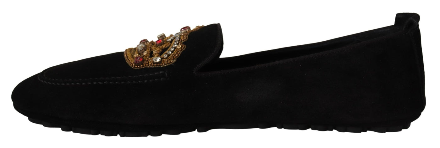 Dolce & Gabbana Black Leather Crystal Gold Crown Loafers Shoes