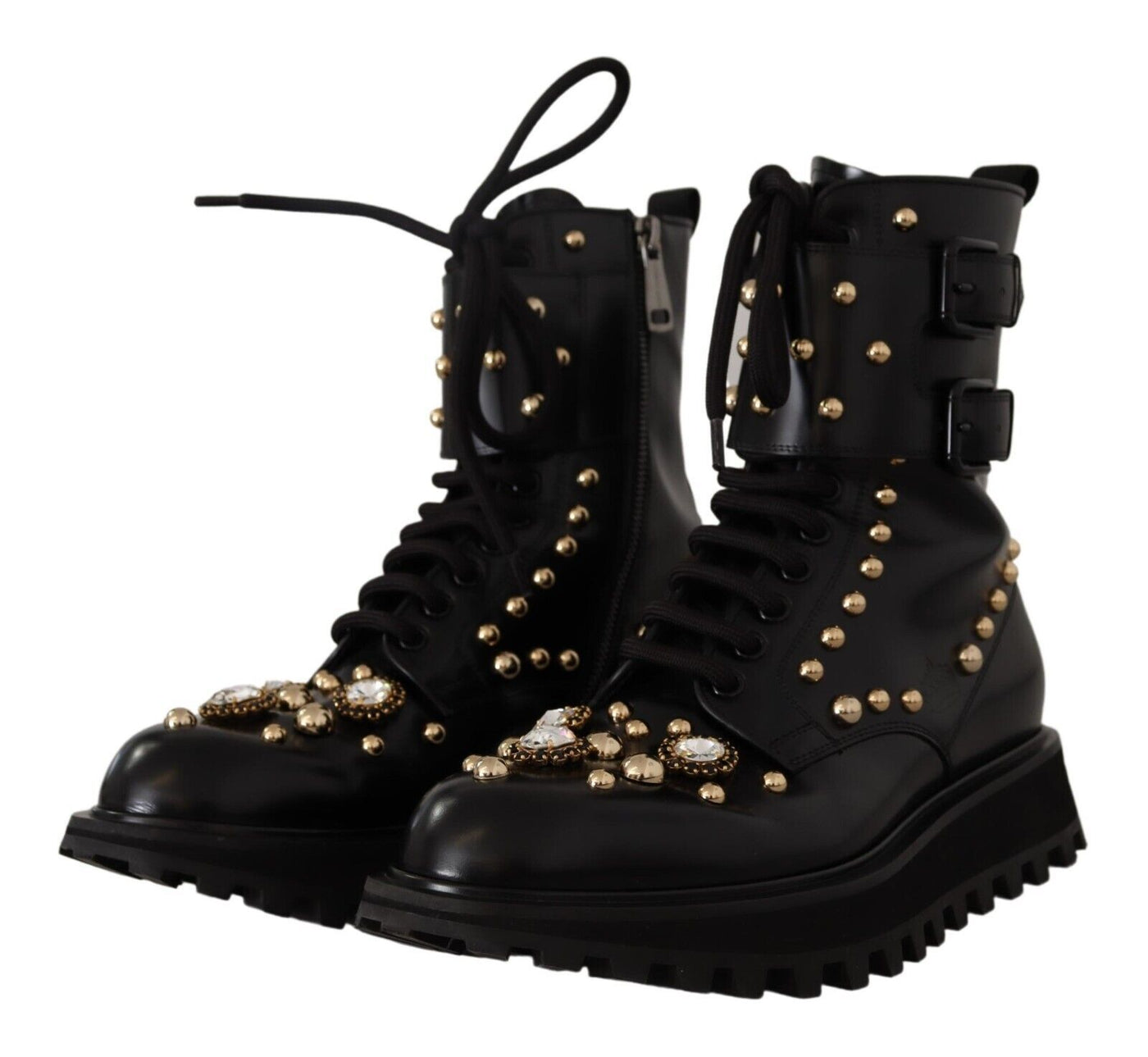Dolce & Gabbana Black Leather Crystal Embellished Boots Shoes