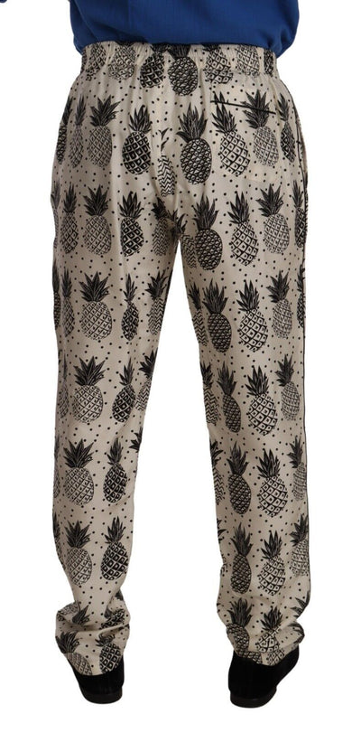 Dolce & Gabbana White Pineapple Silk Men Lounge Trouser Pants