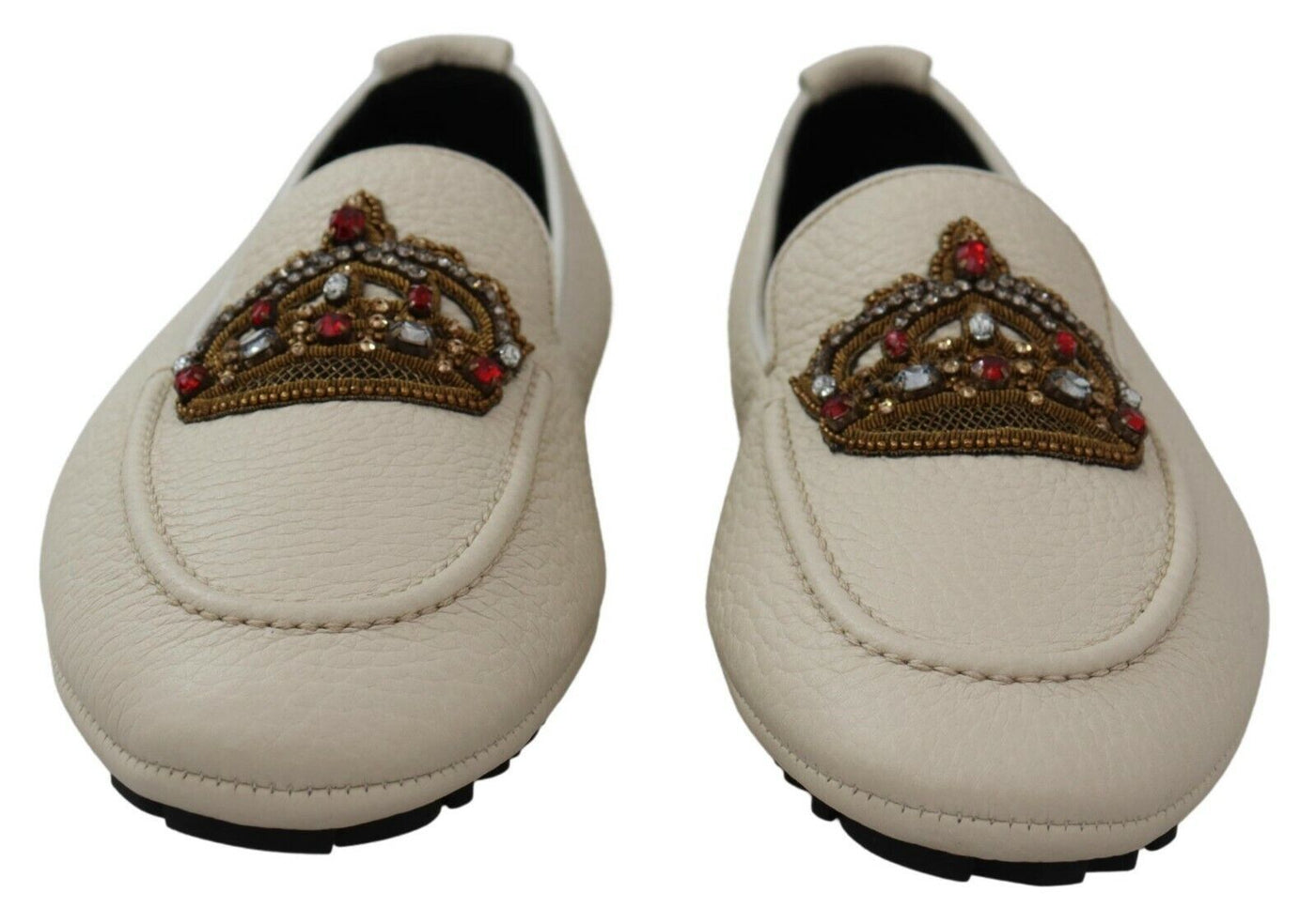 Dolce & Gabbana Beige Leather Crystal Crown Loafers Shoes