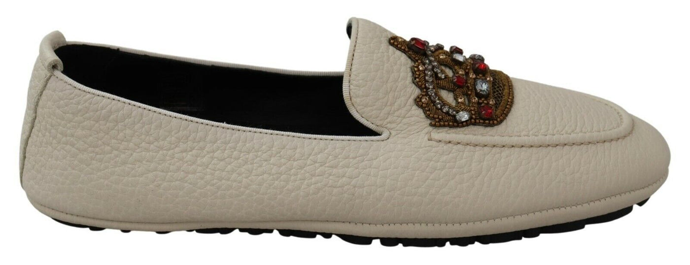 Dolce & Gabbana Beige Leather Crystal Crown Loafers Shoes