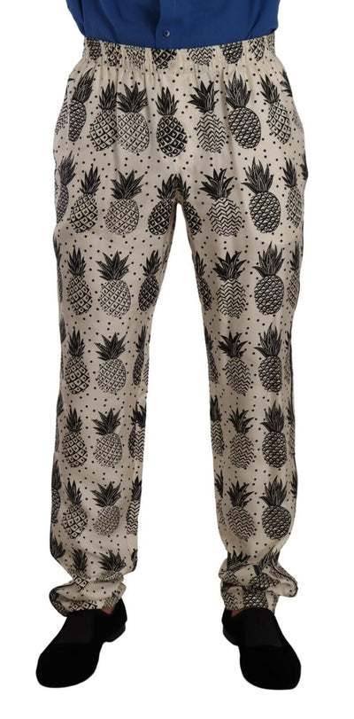 Dolce & Gabbana White Pineapple Silk Men Lounge Trouser Pants