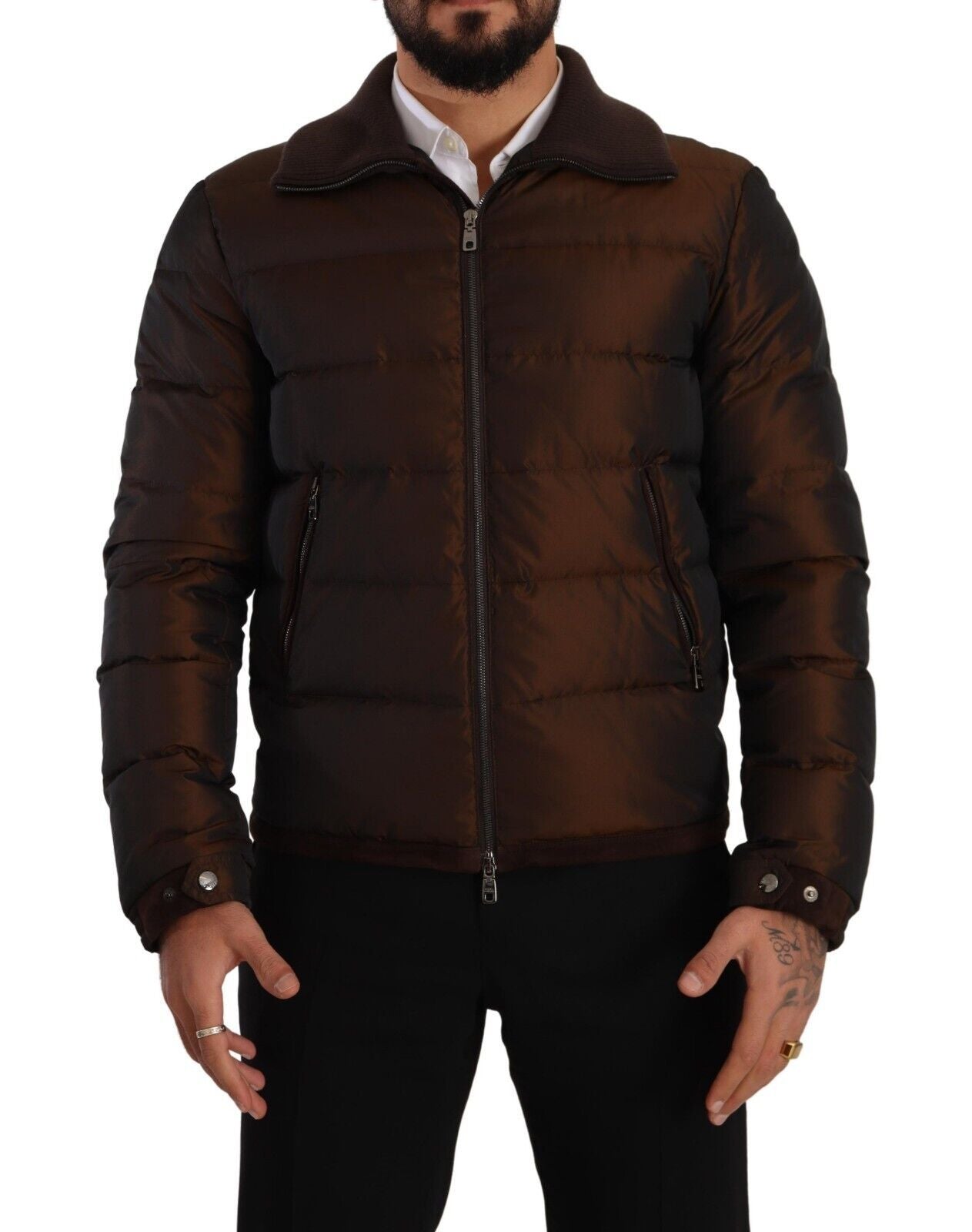 Dolce & Gabbana Brown Polyester Puffer Men Coat Jacket