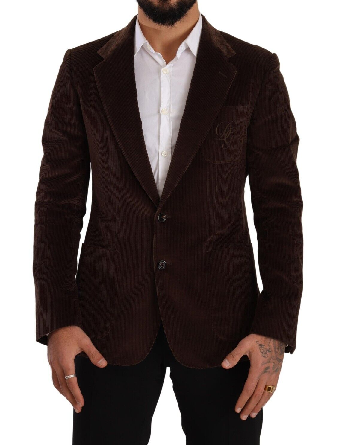 Dolce & Gabbana Brown Corduroy Slim Fit Coat DG Logo Blazer