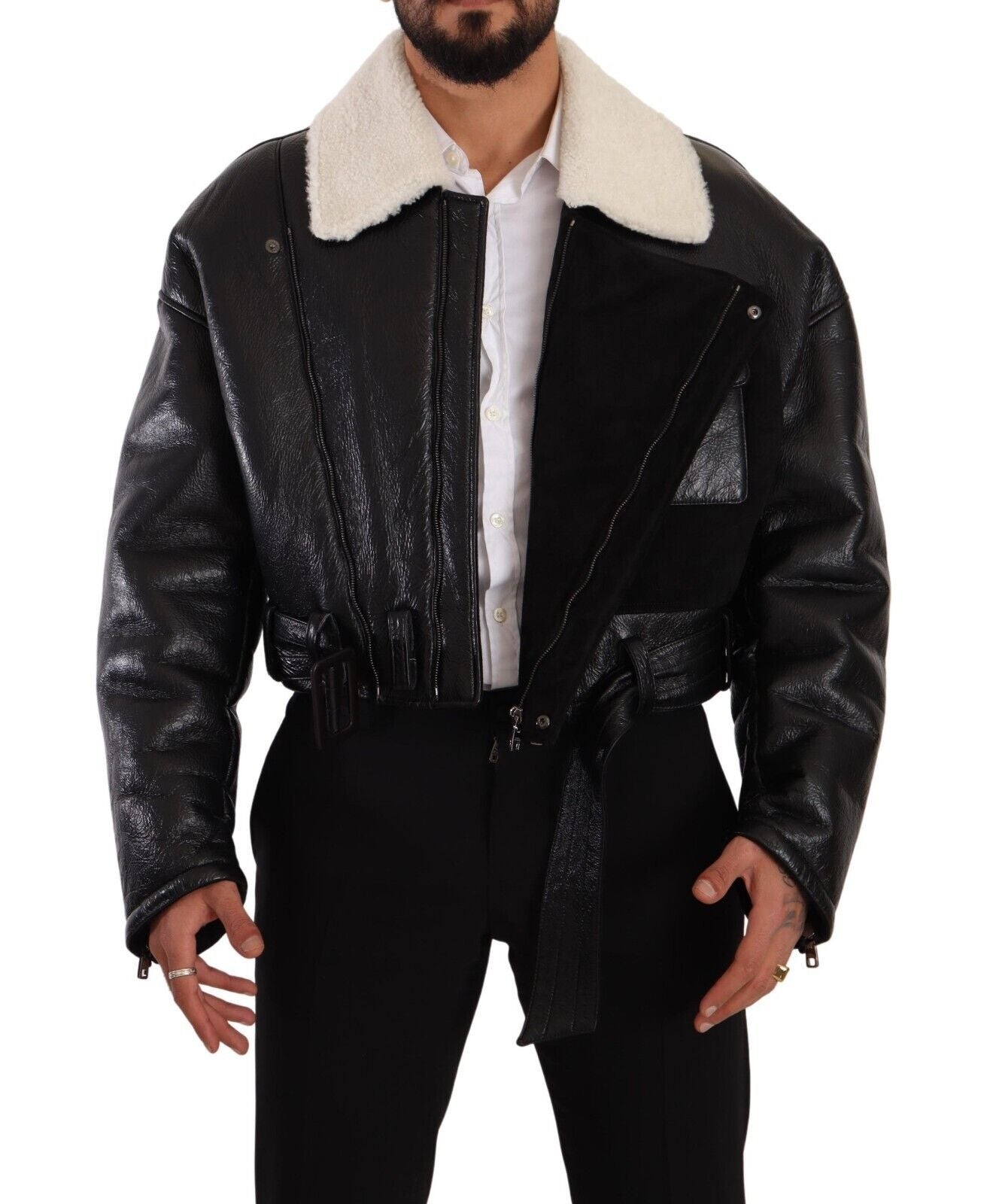 Dolce & Gabbana Black Leather Shearling Biker Coat Jacket